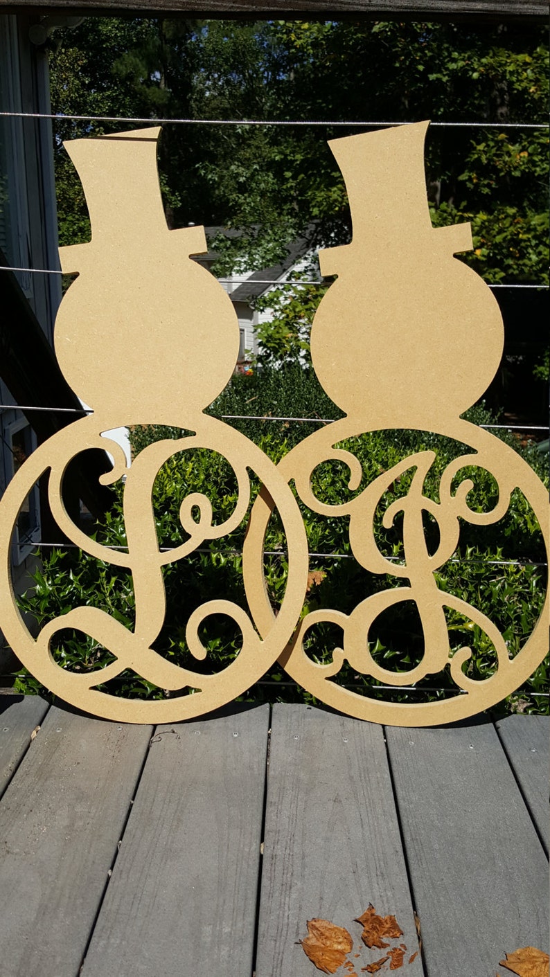 Snowman monogram wooden door hanger with initial wreath