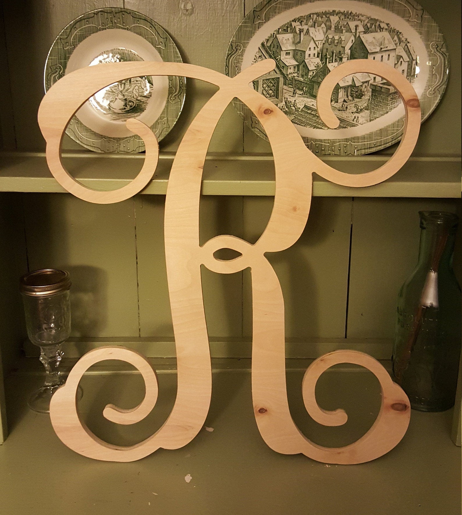 Wooden Script Initial Letter Wall Decor Wreath Letter or Etsy