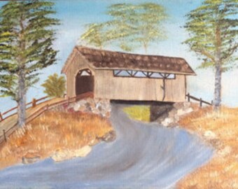 Vintage 1993 Covered Bridge Oil Canvas Painting 9" x 12"