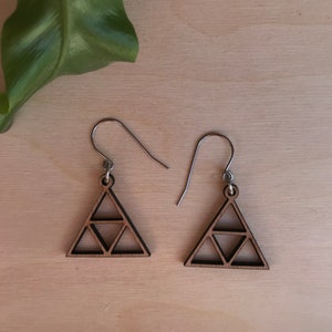 Sierpinski Triforce Triangle Dangle | Geometric Ancient Symbol Wood Earrings, Stainless Steel Hook | Woman Teen Unisex