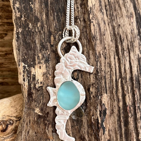 Etched Seahorse with Scottish Sea glass in pale turquoise bezel set in fine sterling silver on 18 inch chain