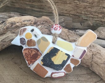 Scottish Sea Pottery wee mosaic bird browns and yellows
