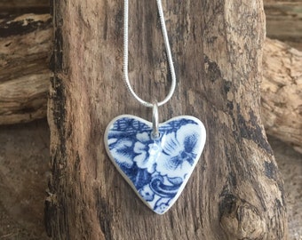 one of a kind Heart sea glass inspired blue and white tumbled pottery pendant beach pottery heart
