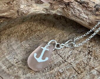Soft Peach /Pink Scottish Sea Glass anchor pendant in sterling silver .