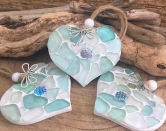 Small Sea glass mosaic  hanging heart with a mermaid scale and a silver dragonfly charm