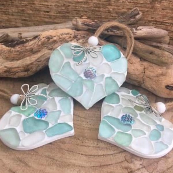 Small Sea glass mosaic  hanging heart with a mermaid scale and a silver dragonfly charm