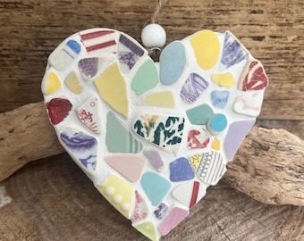 Scottish sea pottery  mosaic hanging heart in pastels