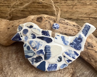 Scottish Sea Pottery wee mosaic bird in shades of  blue