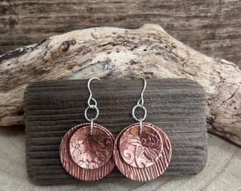 Copper and sterling silver domed circle textured earrings