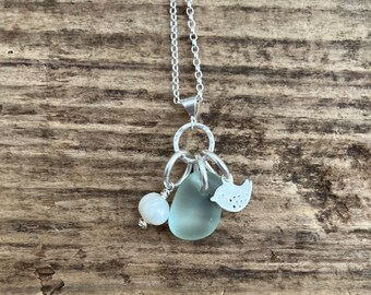 Scottish Sea Glass Necklace: Sterling Bird, Pearl, 20" Chain