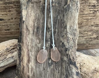 Pale peach / blush  Scottish  Sea-glass long threader earrings