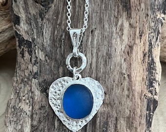 Cobalt Blue Sea Glass Necklace: Hammered Sterling Silver Heart, Scottish Beach Glass