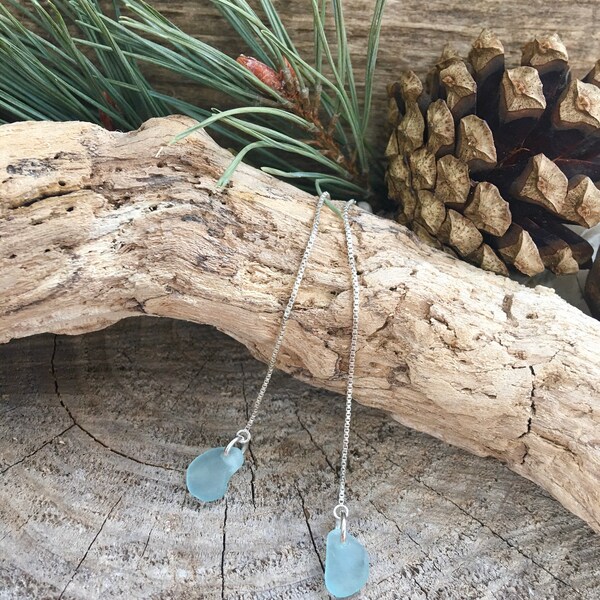 Scottish sea glass teenie seafoam and sterling silver threader earrings