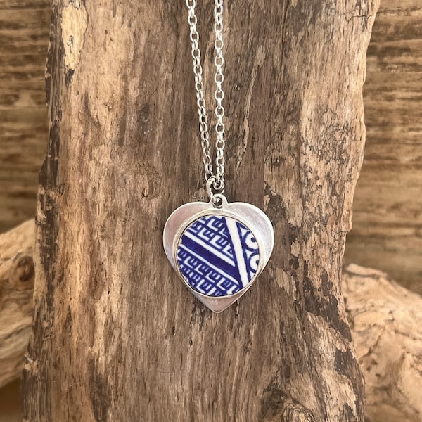 Sterling silver bezel  Scottish sea pottery blue willow pendant