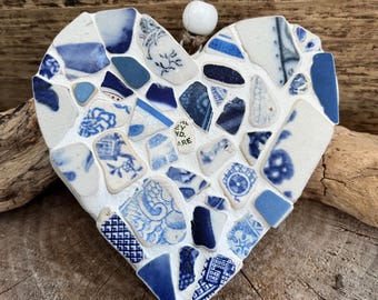 Scottish sea pottery  mosaic hanging heart in blues