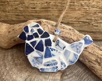 Scottish Sea Pottery wee mosaic bird in shades of  blue