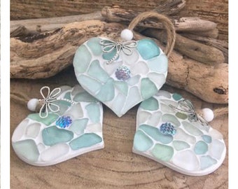 Small Sea glass mosaic  hanging heart with a mermaid scale and a silver dragonfly charm