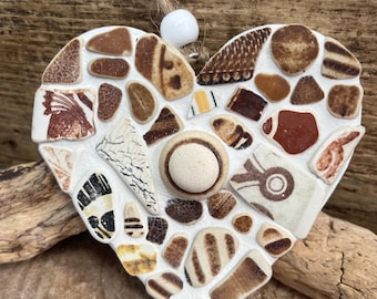 Scottish sea pottery  mosaic hanging heart in browns