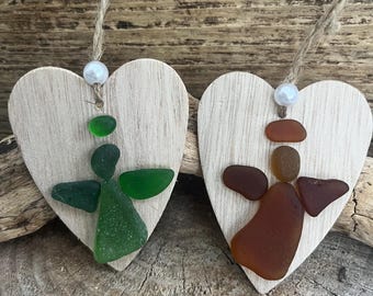 Scottish Sea Glass Guardian Angel Hanging Heart Earthy  Tones
