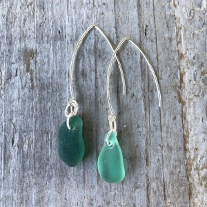 Genuine Rare Teal Aqua Long Sea Glass Drop Dangle Sterling Silver Earrings