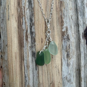Genuine Sea Glass Chandelier Cascading Drop Necklace Aqua Blue Seafoam Teal Green Sterling Silver