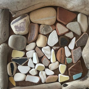 May include: A collection of smooth, colorful beach stones and pottery shards arranged on a wooden surface, framed by driftwood. The stones vary in size, shape, and color, including white, yellow, brown, and red. Some shards have painted details.