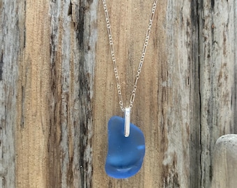 Genuine Cornflower Blue Sea Beach Glass Pendant Necklace Sterling Silver