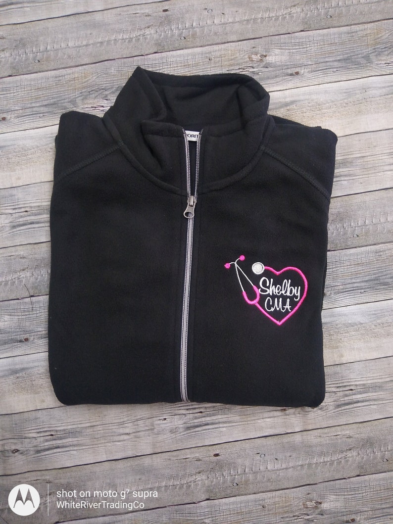 Microfleece Medical Jacket Custom Embroidered Heart Stethoscope /Lightweight/Full Zip/Monogram/Scrub/SOLID COLOR /thin fleece, not bulky image 3