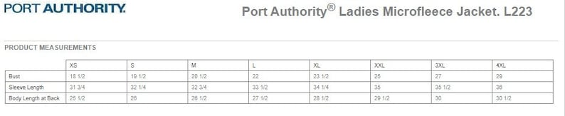 May include: Size chart for a Port Authority Ladies Microfleece Jacket, model number L223. The chart shows measurements in inches for bust, sleeve length, and body length at the back for sizes XS through 4XL.