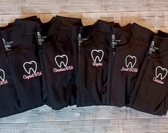 W W/Women's Dental Full Zip Lightweight Jacket with Custom Personalized Tooth Design Embroidery/Scrub/Hygienist/Dentist/Orth/office gift