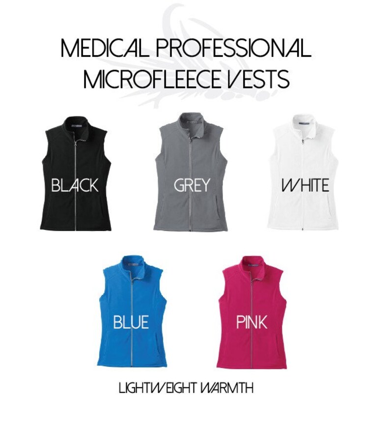 May include: Five microfleece vests in different colors: black, grey, white, blue, and pink. The vests are lightweight and have a zipper closure. The text "MEDICAL PROFESSIONAL MICROFLEECE VESTS" is at the top of the image. The text "LIGHTWEIGHT WARMTH" is at the bottom of the image.