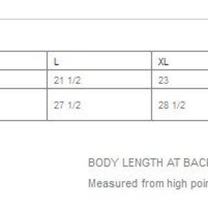 May include: Size chart showing bust and body length measurements in inches for sizes XS to 4XL.