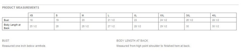 May include: Size chart showing bust and body length measurements in inches for sizes XS to 4XL.