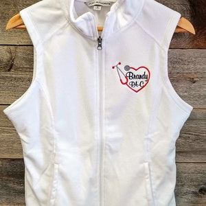 Microfleece LADIES fit VEST/Nurse, Medical Professional, Lightweight Warmth, Custom Heart Stethoscope Embroidery,Name and Credentials/scrub