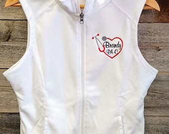 Microfleece LADIES fit VEST/Nurse, Medical Professional, Lightweight Warmth, Custom Heart Stethoscope Embroidery,Name and Credentials/scrub