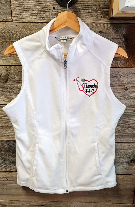 Microfleece LADIES fit VEST/Nurse, Medical Professional, Lightweight Warmth, Custom Heart Stethoscope Embroidery,Name and Credentials/scrub