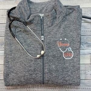 Microfleece/HEATHERED LADIES Fit/ Medical Jacket, Lightweight, Full Zip, Embroidered with CLASSIC Stethoscope Monogram Design,Sweater,scrub