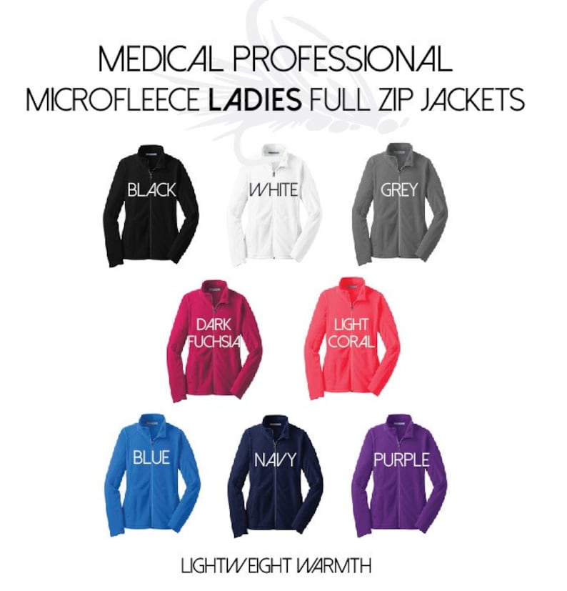 May include: A selection of ten women's full-zip microfleece jackets in various colors, including black, white, grey, dark fuchsia, light coral, blue, navy, and purple. The jackets are lightweight and warm.