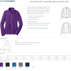 May include: A purple microfleece jacket with a zipper closure, two front pockets, and a size chart. The jacket is labeled "Port Authority Ladies Microfleece Jacket. L223".