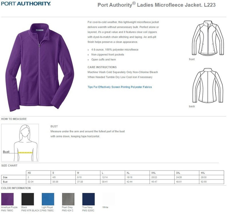 May include: A purple microfleece jacket with a zipper closure, two front pockets, and a size chart. The jacket is labeled "Port Authority Ladies Microfleece Jacket. L223".