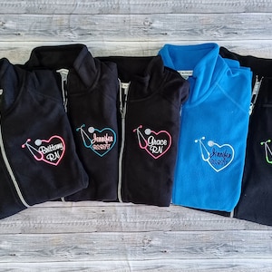 Microfleece UNISEX fit/SOLID COLOR/Medical Scrub Jacket/Lightweight/Full Zip/Custom Embroidered Heart Stethoscope Design/Warm/office gift