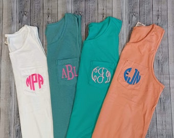 Monogrammed Tank Top with Pocket/Comfort Colors/Unisex/Garment Dyed/Summer Tank/Personalized Gift