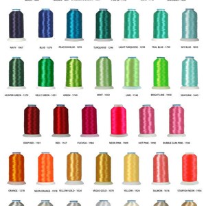 May include: A chart of 36 spools of embroidery floss, each with a different color and a corresponding color name and number. The colors include black, brown, purple, lilac, lavender, navy, blue, peacock blue, turquoise, light turquoise, teal blue, sky blue, hunter green, kelly green, green, mint, lime, bright lime, seafoam, deep red, red, fuchsia, neon pink, hot pink, bubble gum pink, orange, neon orange, yellow gold, vegas gold, yellow, salmon, starfish neon, gray, silver, light gray, white, cream, khan, beige.