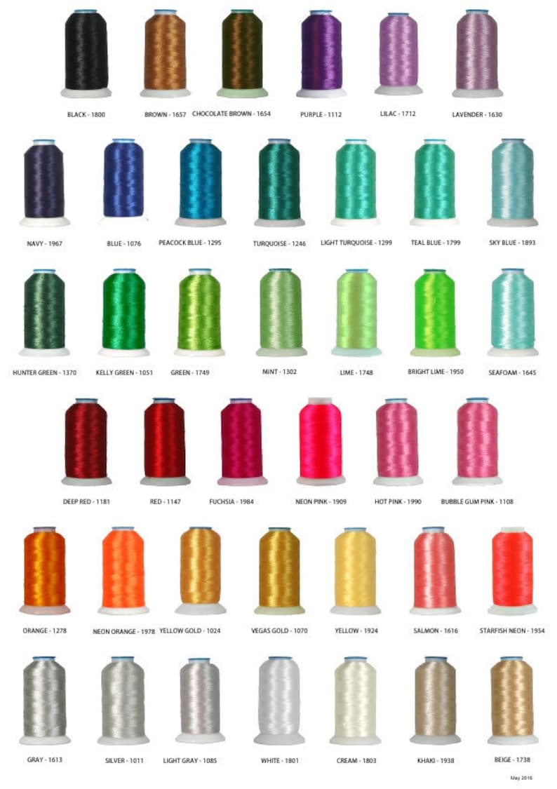 May include: A chart of 36 spools of embroidery floss, each with a different color and a corresponding color name and number. The colors include black, brown, purple, lilac, lavender, navy, blue, peacock blue, turquoise, light turquoise, teal blue, sky blue, hunter green, kelly green, green, mint, lime, bright lime, seafoam, deep red, red, fuchsia, neon pink, hot pink, bubble gum pink, orange, neon orange, yellow gold, vegas gold, yellow, salmon, starfish neon, gray, silver, light gray, white, cream, khan, beige.