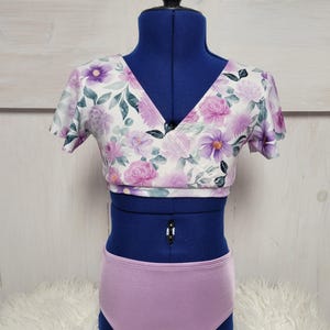 Lilac, lavender and hunter green Watercolor Floral Flutter Sleeve 2 piece Dance Set, Girls Dancewear, Dancewear, Dance Class, Photo Shoot
