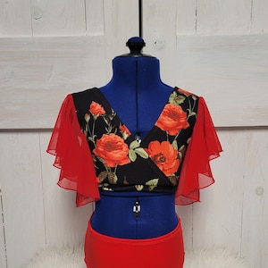 Black, red and green Floral Flutter Sleeve 2 piece Girls Dance Set, Girls Dancewear, Dance Class, Dance Convention, Photo shoot
