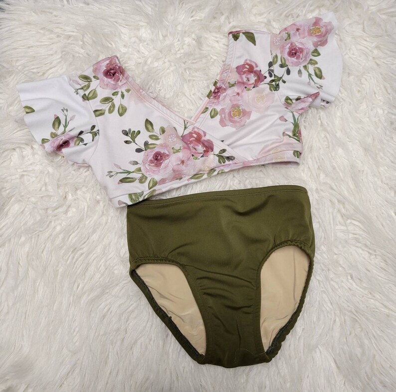 mauve Photo shoot blush and olive Floral Flutter Sleeve 2 piece Girls Dance Set Girls Dancewear Dance Convention Dance Class Cream