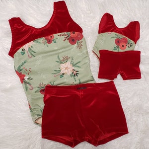 Christmas floral leotard & velvet shorts with matching doll set. Girls Dance Class, Girl&#39;s Dancewear, Photo Shoot, Girl&#39;s Gymnastics Class