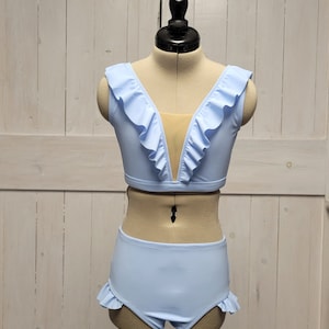 Sky Blue mesh center ruffled 2 piece Girls Dance Set, Girls Dancewear, Dance Class, Dance Convention, Photo shoot