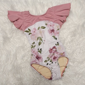 Cream, mauve, blush and olive  Floral Flutter Sleeve Girls Leotard,  Girls Dancewear, Dance Class, Gymnastics Class